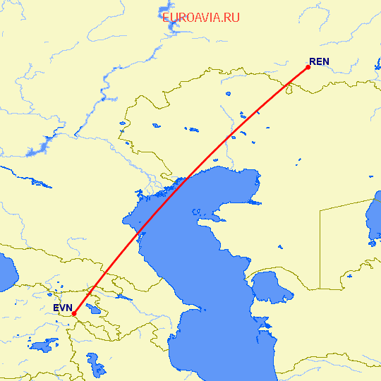 перелет Ереван — Оренбург на карте