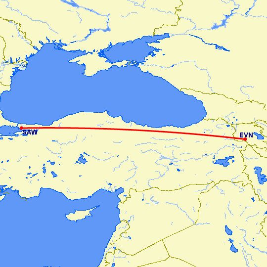 перелет Ереван — Стамбул на карте