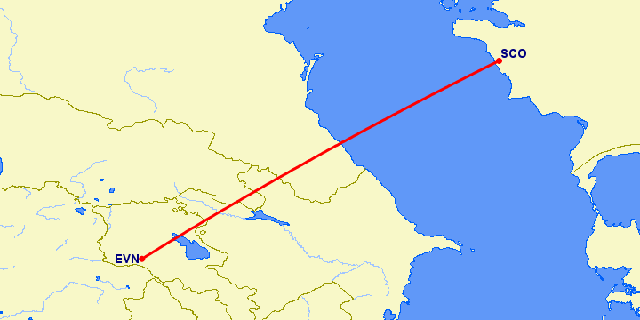 перелет Ереван — Актау на карте