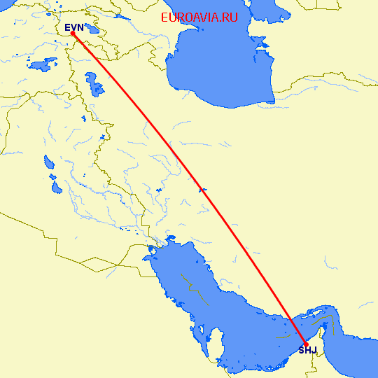 перелет Ереван — Шарджа на карте
