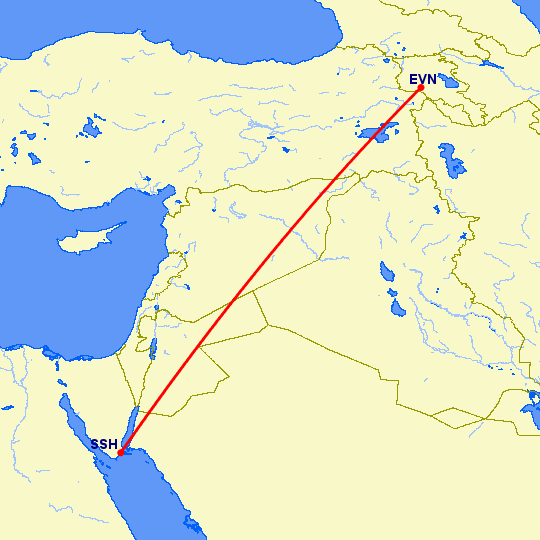 перелет Ереван — Шарм эль Шейх на карте