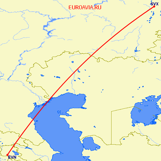 перелет Ереван — Екатеринбург на карте