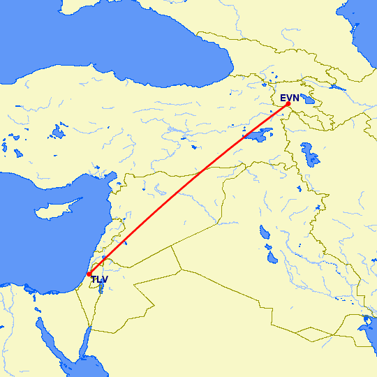 перелет Ереван — Тель Авив на карте