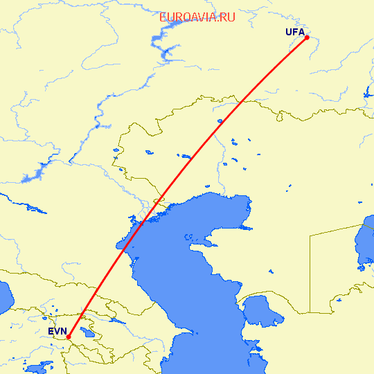 перелет Ереван — Уфа на карте