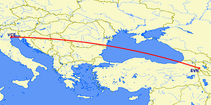 перелет Ереван — Венеция на карте