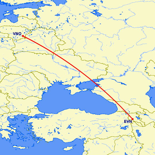 перелет Ереван — Вильнюс на карте