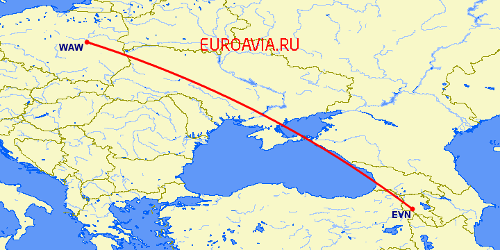 перелет Ереван — Варшава на карте
