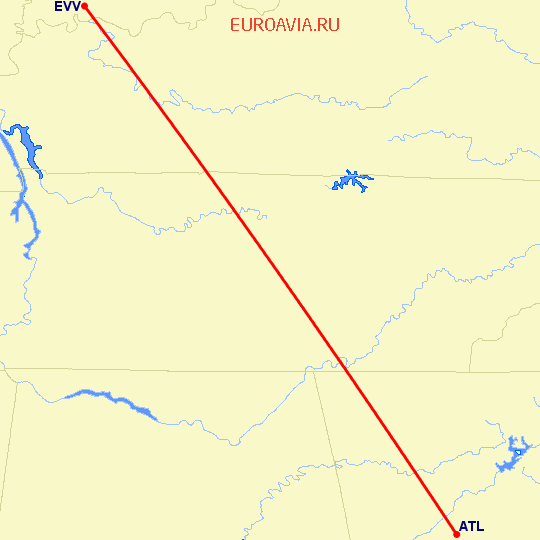 перелет Evansville — Атланта на карте