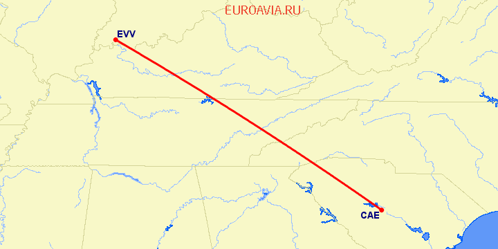 перелет Evansville — Columbia на карте