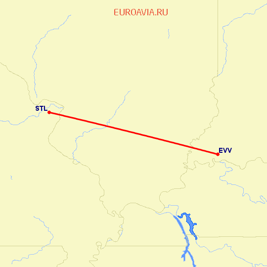 перелет Evansville — Сент Луис на карте