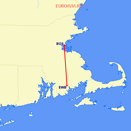 перелет New Bedford — Бостон на карте