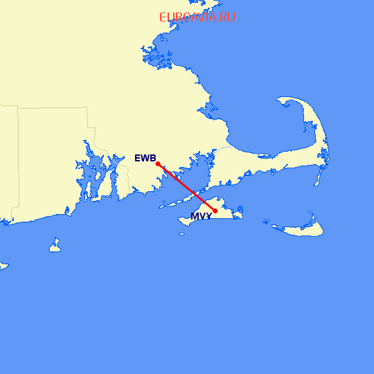 перелет New Bedford — Мартас-Винъярд на карте