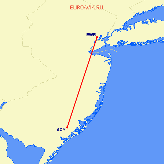 перелет Ньюарк — Атлантик Сити на карте