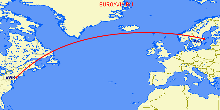 перелет Ньюарк — Стокгольм на карте