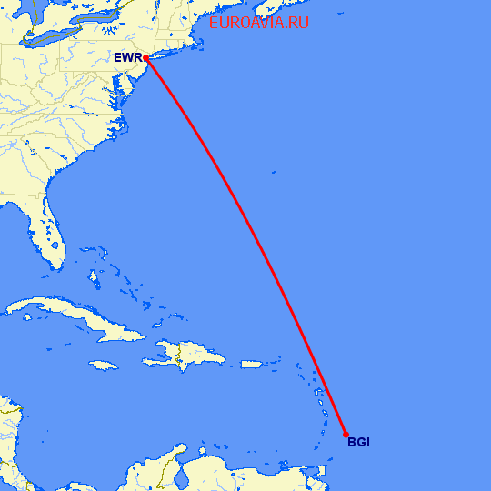 перелет Ньюарк — Бриджтаун на карте