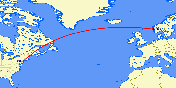 перелет Ньюарк — Берген на карте