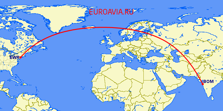 перелет Ньюарк — Бомбей на карте
