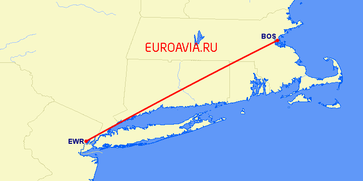 перелет Ньюарк — Бостон на карте