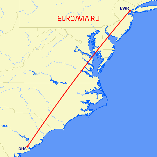 перелет Ньюарк — Чарльстон на карте