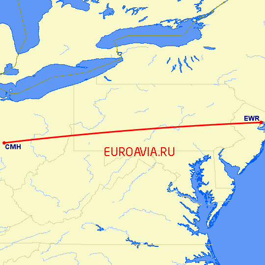 перелет Ньюарк — Колумбус на карте
