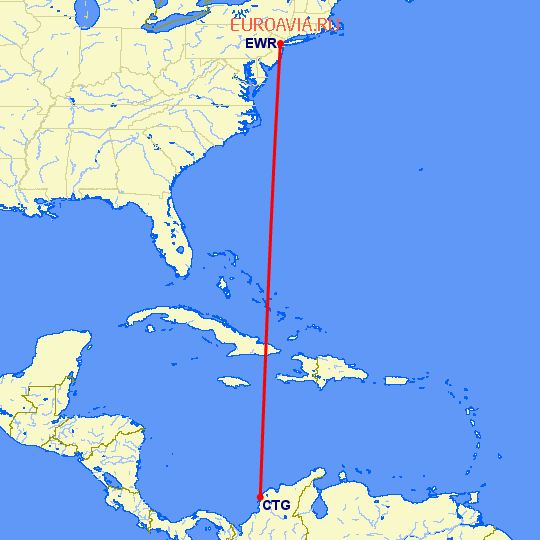 перелет Ньюарк — Картегена на карте