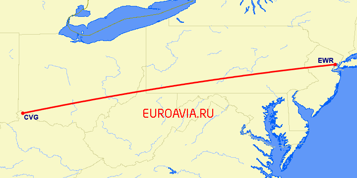 перелет Ньюарк — Кавингтон на карте