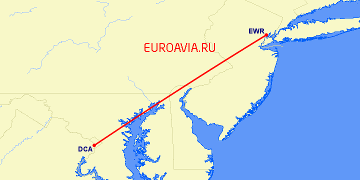 перелет Ньюарк — Вашингтон на карте