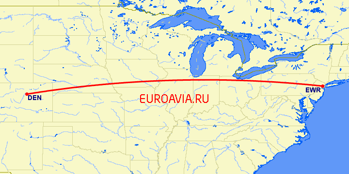 перелет Ньюарк — Денвер на карте