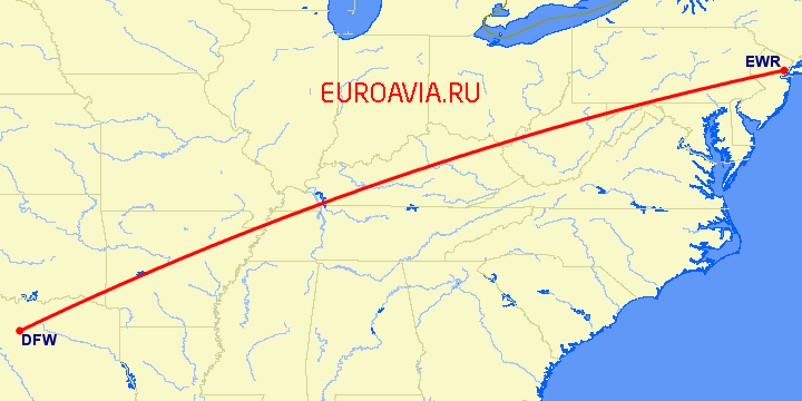 перелет Ньюарк — Даллас на карте