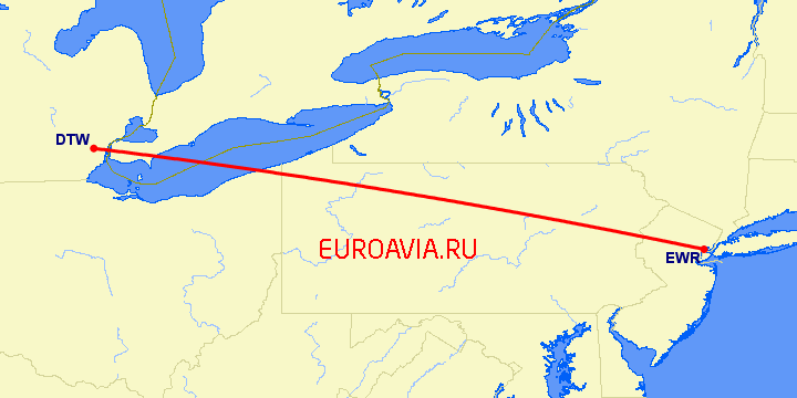 перелет Ньюарк — Детройт на карте