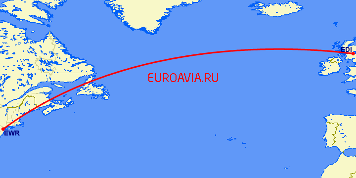 перелет Ньюарк — Эдинбург на карте