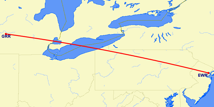 перелет Ньюарк — Гранд Рапидс на карте