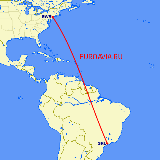 перелет Ньюарк — Сан Паулу на карте