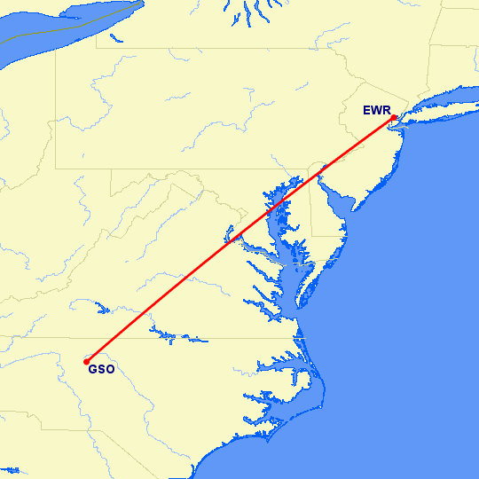 перелет Ньюарк — High Point на карте