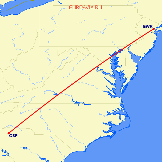 перелет Ньюарк — Greenville на карте