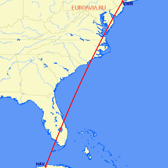 перелет Ньюарк — Гавана на карте