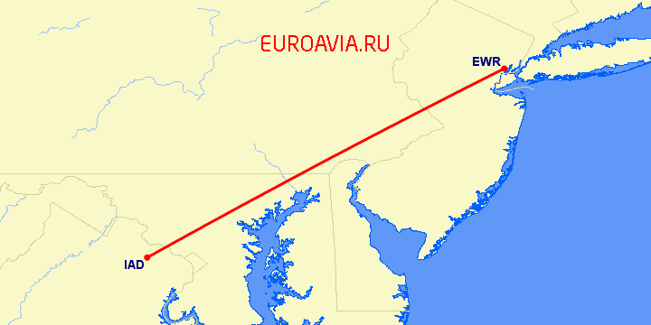 перелет Ньюарк — Вашингтон на карте