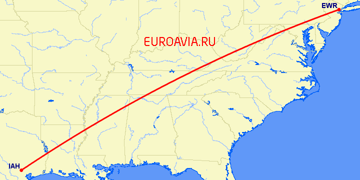 перелет Ньюарк — Хьюстон на карте