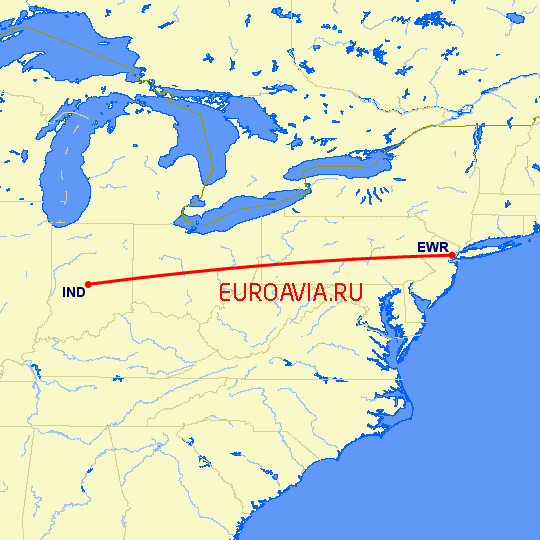 перелет Ньюарк — Индианаполис на карте