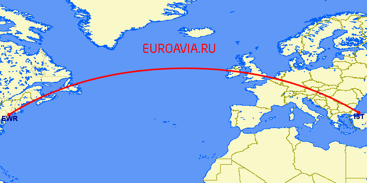перелет Ньюарк — Стамбул на карте