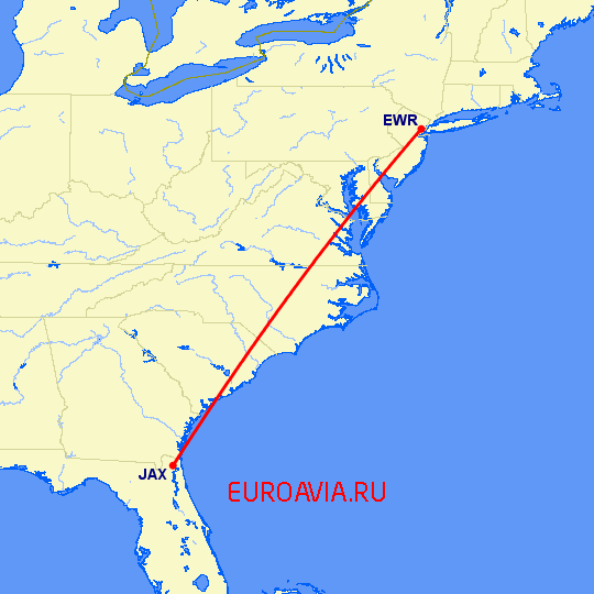 перелет Ньюарк — Джексонвиль на карте