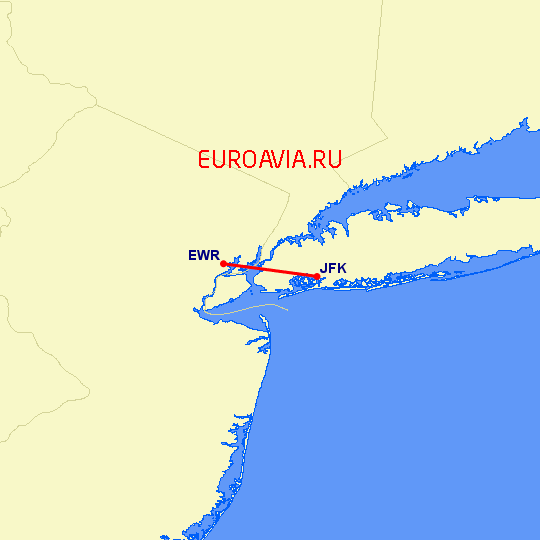 перелет Ньюарк — Нью-Йорк на карте