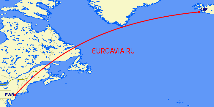 перелет Ньюарк — Рейкьявик на карте