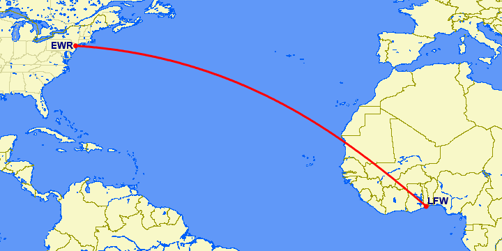 перелет Ньюарк — Ломе на карте
