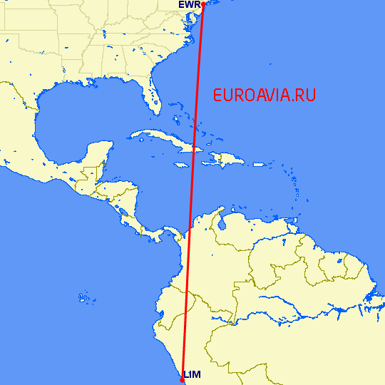 перелет Ньюарк — Лима на карте