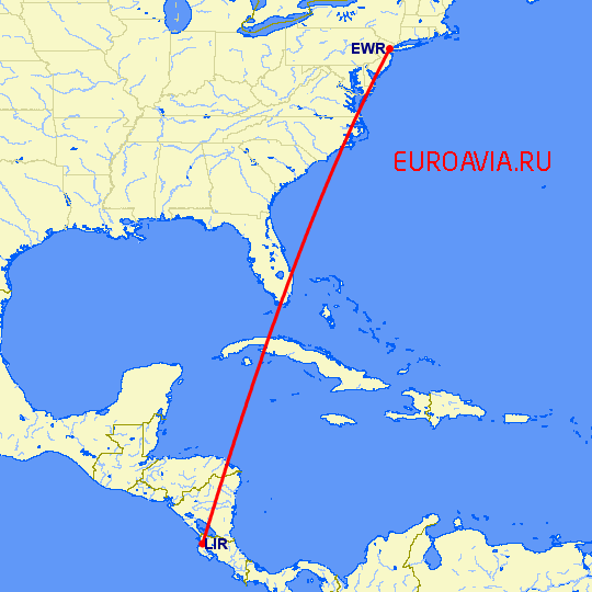 перелет Ньюарк — Либерия на карте