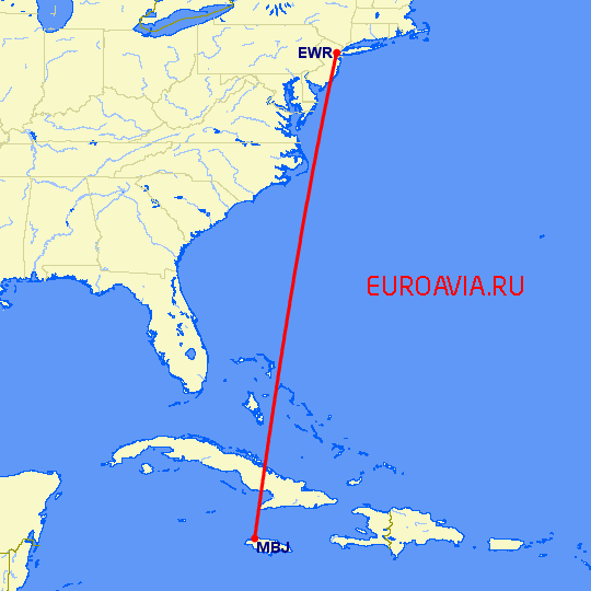 перелет Ньюарк — Монтего Бей на карте