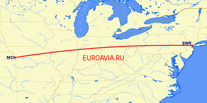 перелет Ньюарк — Канзас Сити на карте