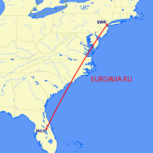 перелет Ньюарк — Орландо на карте