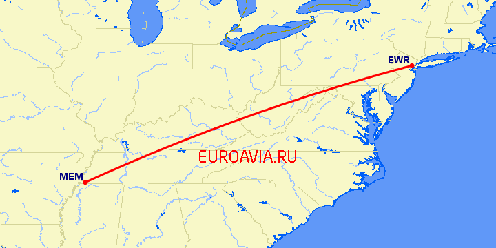 перелет Ньюарк — Мемфис на карте
